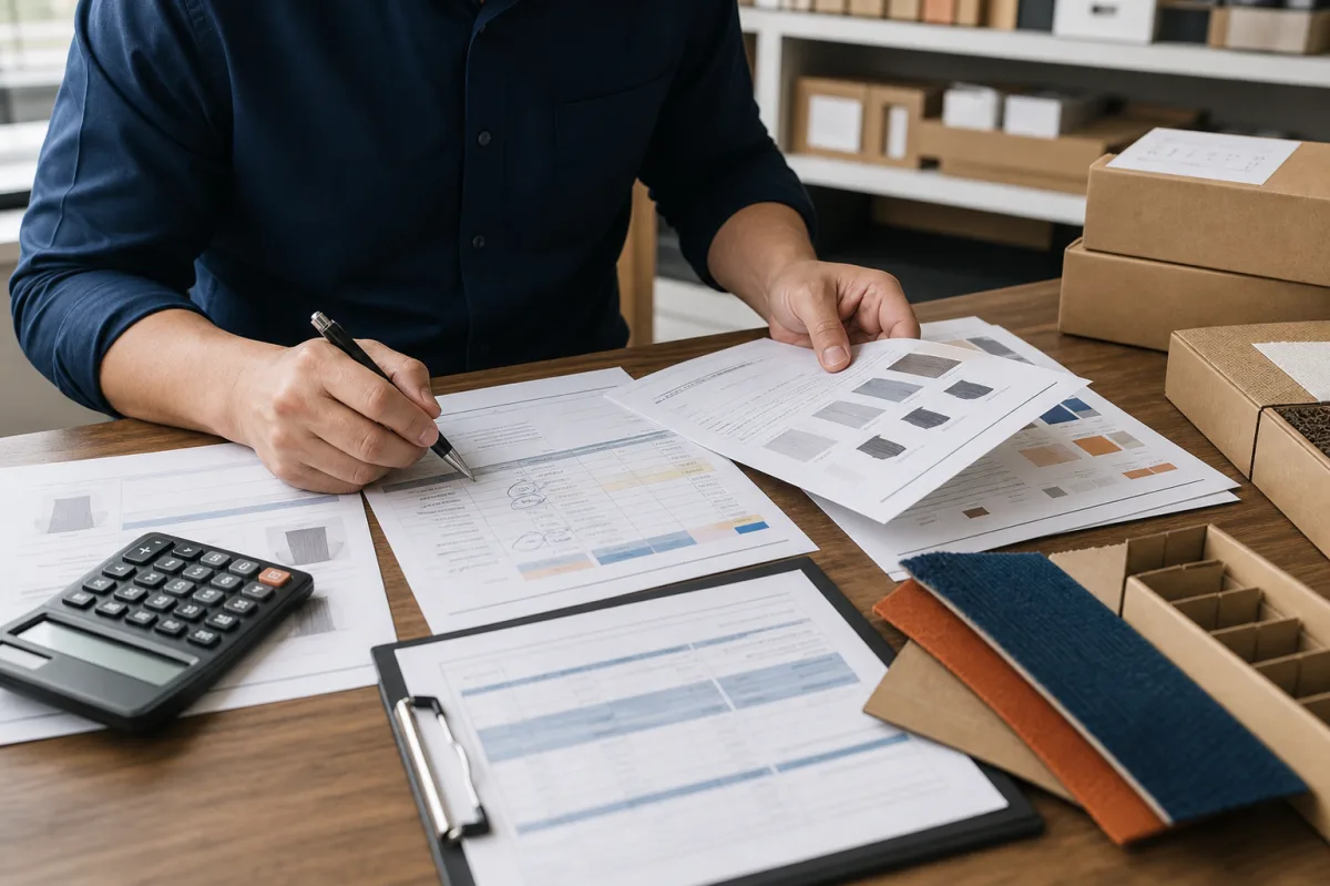 A wholesale buyer comparing quotations, samples and supporting documents