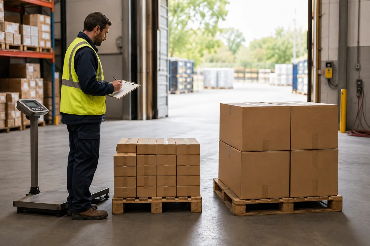 Warehouse employee checking two pallets of different-sized cartons beside a weighing scale