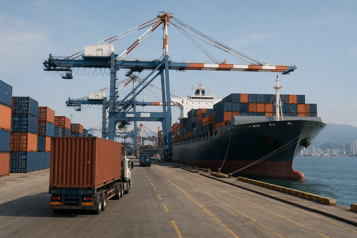 Container ship beside port cranes with a container truck on the terminal service road